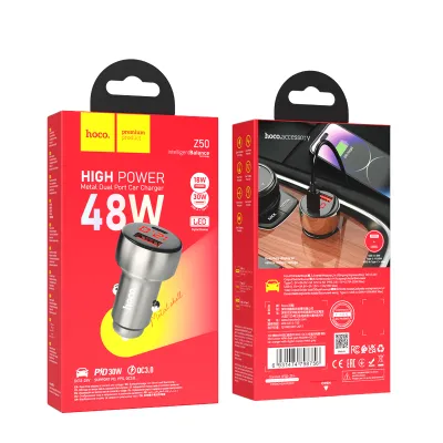INCARCATOR HOCO AUTO Type-C Z50 USB QC 3.0 + cablu TypeC-TypeC PD 48W +LED gri