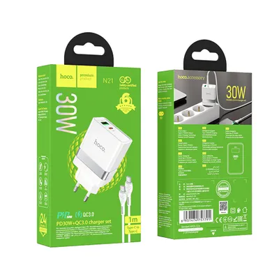 INCARCATOR HOCO TYPE-C N21 +USB QC3.0+cablu TypeC PD 3A 30W alb