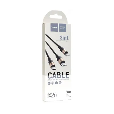 CABLU DATE HOCO 3in1 X26 (Iphone+Micro+TypeC) 1m, negru-gold