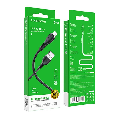 Cablu date Borofone Microusb BX51 2.4A, 1m negru