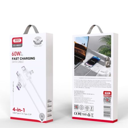 CABLU DATE 4in1 XO-NB237 USB + USB-C IPHONE + USB-C 1m 3A alb