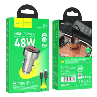 INCARCATOR AUTO HOCO Z50 TypeC-Iphone USB QC 3.0 PD 48W gri