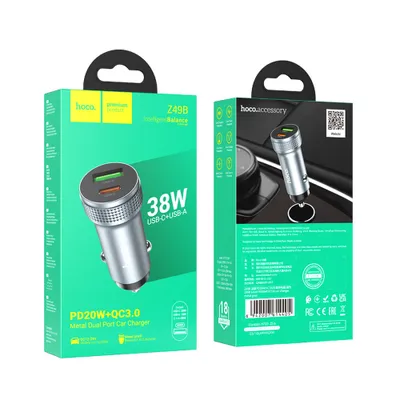 ADAPTOR AUTO HOCO Z49B USB QC 18W + TypeC 20W PD38W gri