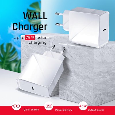 ADAPTOR PRIZA FORCELL USB Type C, 3A 45W PD QC4.0 962 alb