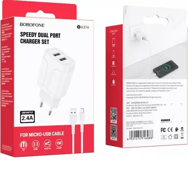 INCARCATOR RETEA BOROFONE BA37A 2XUSB 2.4A+cablu MICROUSB alb