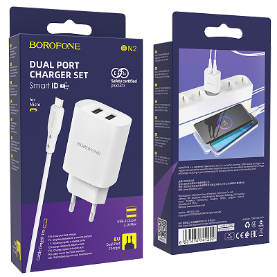 Incarcator retea Borofone BN2 microusb 2XUSB, 2.1A alb