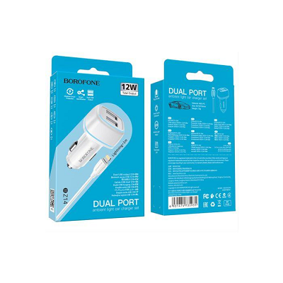 Incarcator auto Borofone BZ14 cu cablu Iphone 2xusb, 2.4A Alb
