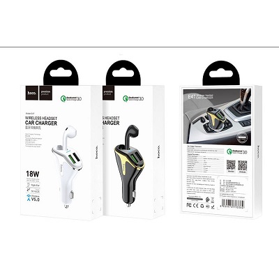 Casca bluetooth Hoco E47 + incarcator auto QC 3.0, 18W, 2xusb alb
