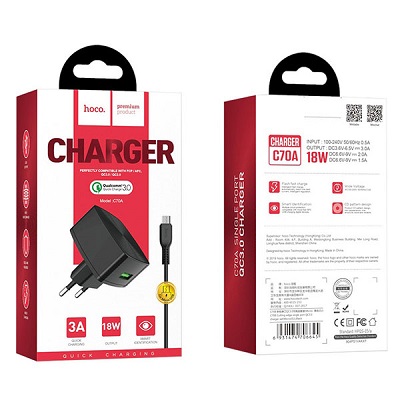 INCARCATOR RETEA HOCO MICROUSB C70A Cutting-edge 1XUSB QC 3.0 negru