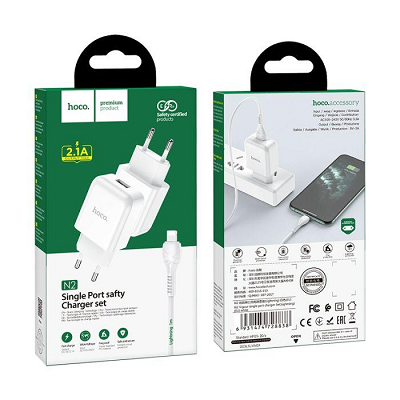 Incarcator retea Hoco N2 cu cablu Iphone 1xusb 2.1A alb