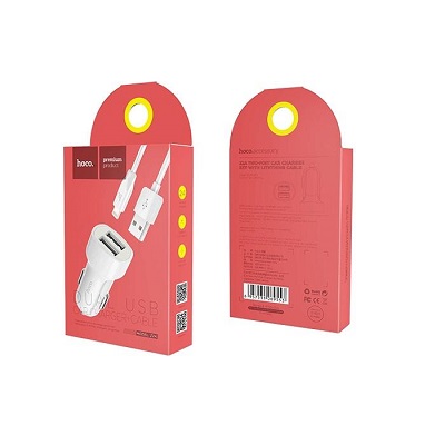 Incarcator auto Hoco Z2A cu cablu Iphone 2xusb 2.4A alb