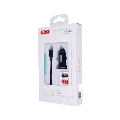 Incarcator auto XO TZ08 usb + cablu Iphone, 2XUSB, 2,1A negru