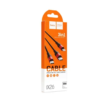 CABLU DATE HOCO 3in1 X26 (Iphone+Micro+TypeC) 1m, negru-rosu