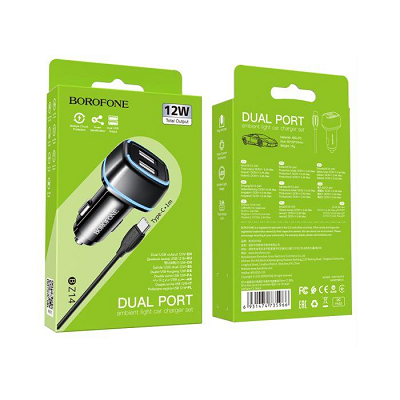 Incarcator auto Borofone BZ14 cu cablu TYPE C 2xusb, 2.4A Negru