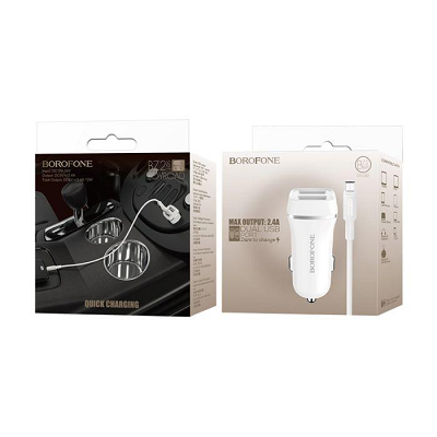 Incarcator auto Borofone BZ2 cu cablu Microusb, 2xusb, 2.4A, alb