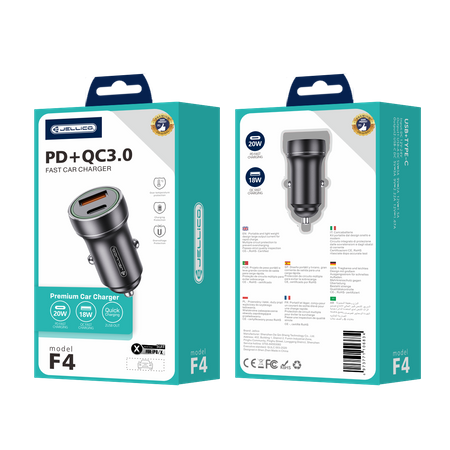 INCARCATOR AUTO JELLICO F4 Iphone PD 20W  1XUSB-C + 1XUSB QC3.0 negru