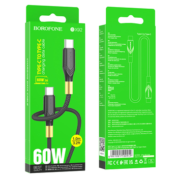 CABLU DATE BOROFONE BX92 TypeC-TypeC 60W 1m 3A negru