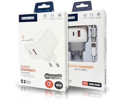 ADAPTOR PRIZA JELLICO C3 PD USB-C + USB 3.0 18W indicator Led alb
