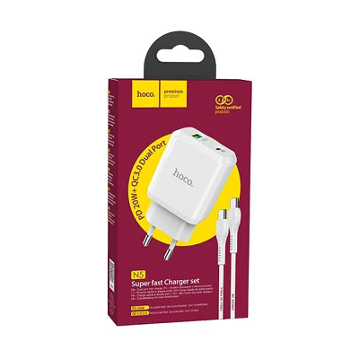 Incarcator retea Hoco N5 Type c PD 20W, 1xusb, QC3.0 dual port+cablu Iphone 1m, alb