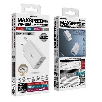 INCARCATOR PRIZA WK Microusb WP U56, 2XUSB, 2A, 1M, 10W alb